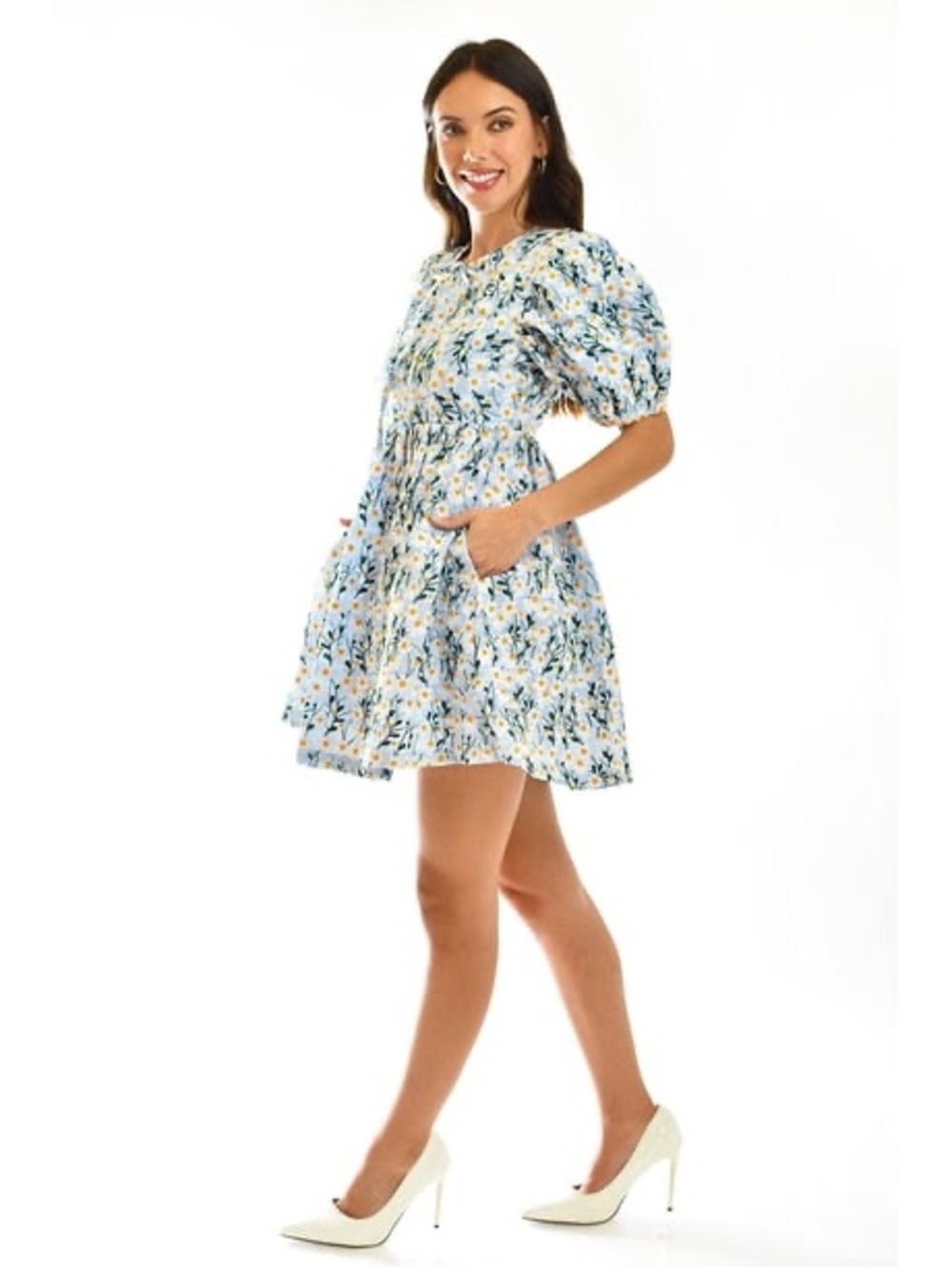 Just Me Blue and Yellow Floral Puff-Sleeve Daisy Embroidered Mini Dress NWT Sz L